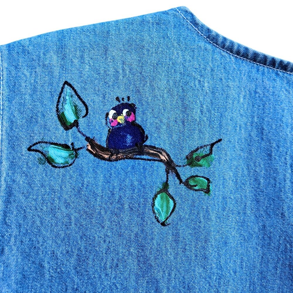 Vintage 80s Hand Painted Denim Vest XXL Plus Size Cottage Prairie Birds - Picture 6 of 11